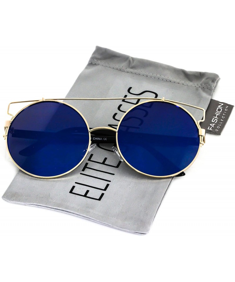 Round Metal Flat top Round Mirrored Lens Oversize Cat Eye Sunglasses - Blue / Mirror - C317YZ707A0 $10.94