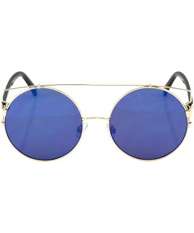 Round Metal Flat top Round Mirrored Lens Oversize Cat Eye Sunglasses - Blue / Mirror - C317YZ707A0 $10.94