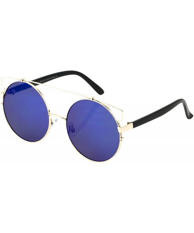 Round Metal Flat top Round Mirrored Lens Oversize Cat Eye Sunglasses - Blue / Mirror - C317YZ707A0 $10.94