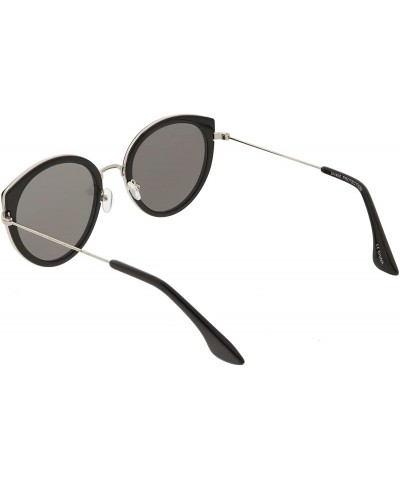 Cat Eye Modern Metal Trim Round Colored Mirror Flat Lens Cat Eye Sunglasses 53mm - Black Silver / Silver Mirror - CR188HENHT9...
