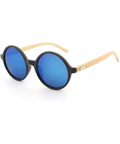 Round Steampunk Retro Sunglasses Bamboo Round lightweight Sun glasses Vintage Wooden Eyewear Mirror Lens - Blue - C8188UR76W3...