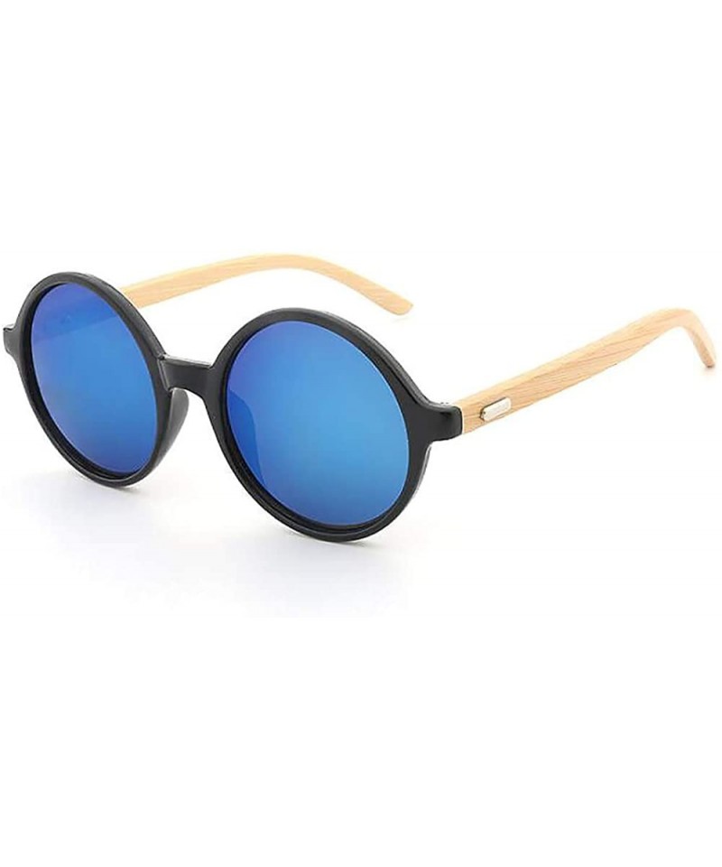 Round Steampunk Retro Sunglasses Bamboo Round lightweight Sun glasses Vintage Wooden Eyewear Mirror Lens - Blue - C8188UR76W3...