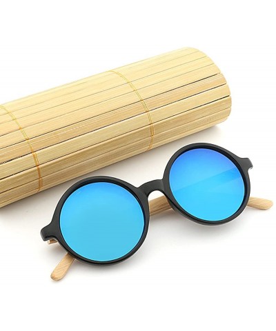 Round Steampunk Retro Sunglasses Bamboo Round lightweight Sun glasses Vintage Wooden Eyewear Mirror Lens - Blue - C8188UR76W3...