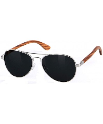 Round Aviator Sunglasses for Men Women Polarized Black Uv Protection Wood Frame Wooden Blue Yellow - CS18IGW64T0 $19.78