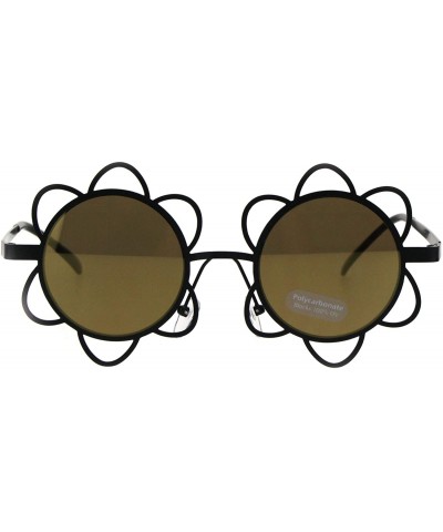 Round Womens Hippie Flower Daisy Metal Rim Party Shade Sunglasses - Black Gold Mirror - C218H6T3Q6H $14.47