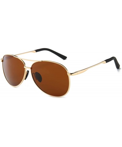 Round Premium Military Style Classic Aviator Sunglasses with Spring Hinges - Gold Frame Brown Lens - CA18QOENTG5 $17.38