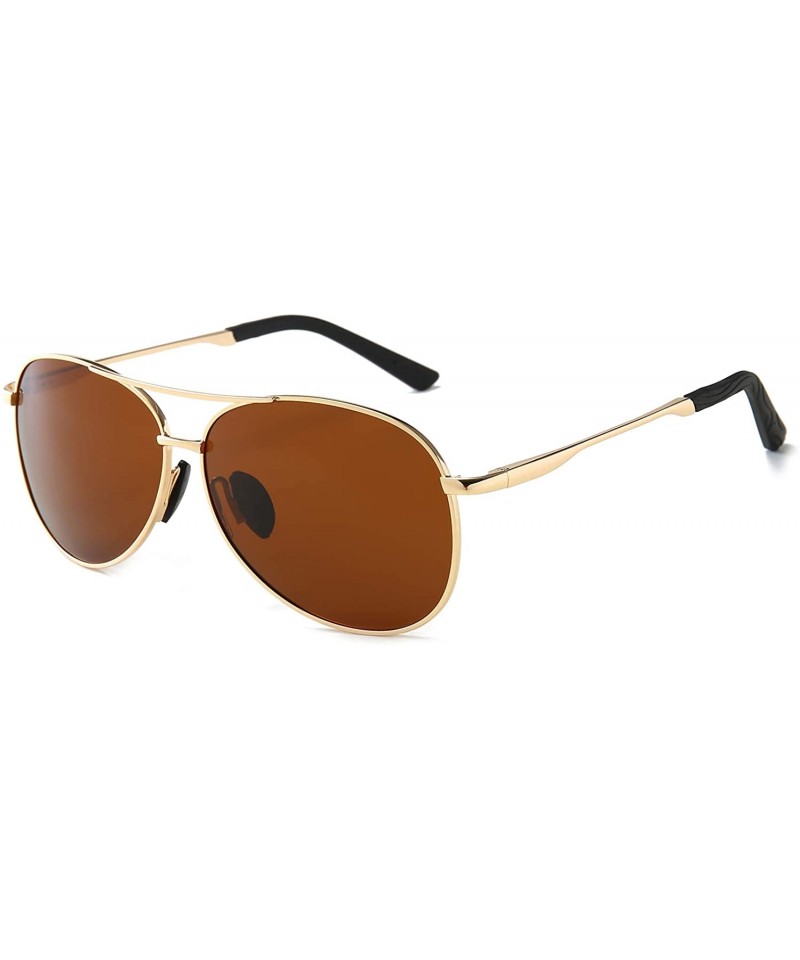 Round Premium Military Style Classic Aviator Sunglasses with Spring Hinges - Gold Frame Brown Lens - CA18QOENTG5 $17.38