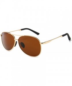Round Premium Military Style Classic Aviator Sunglasses with Spring Hinges - Gold Frame Brown Lens - CA18QOENTG5 $17.38
