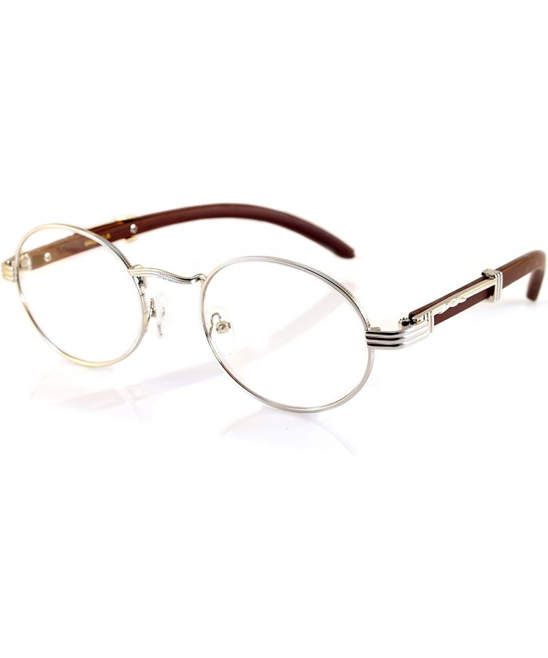 Square Vintage Oval Rectangle Clear Lens Metal & Wood Feel Eyeglasses A103 A201 - Silver/ Dark Brown - C8180LIUGOO $29.01