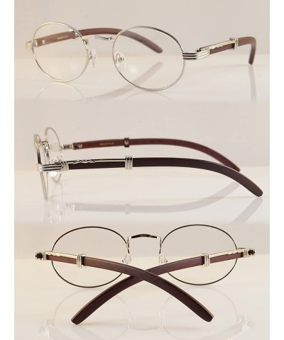 Square Vintage Oval Rectangle Clear Lens Metal & Wood Feel Eyeglasses A103 A201 - Silver/ Dark Brown - C8180LIUGOO $29.01