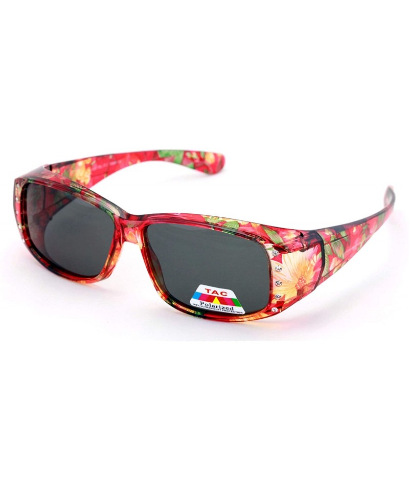 Butterfly Floral Womens Polarized Fit Over Glasses Sunglasses Rhinestone Rectangular Frame 60mm - Red - C218HRIM3ED $13.93