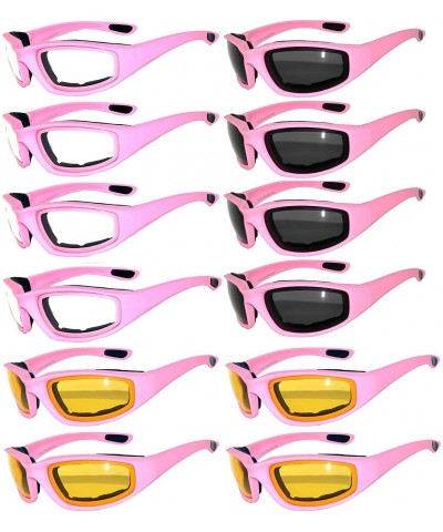Goggle Wholesale of 12 Pairs Motorcycle Padded Foam Glasses Assorted Color Lens - 12_pnik_cl_sm_yel - CX12NYK4P6E $84.28