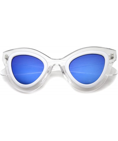 Cat Eye Womens High Fashion Two-Toned Mirrored Cat Eye Sunglasses 42mm - Clear-white / Blue Mirror - CQ12J18F07L $19.74
