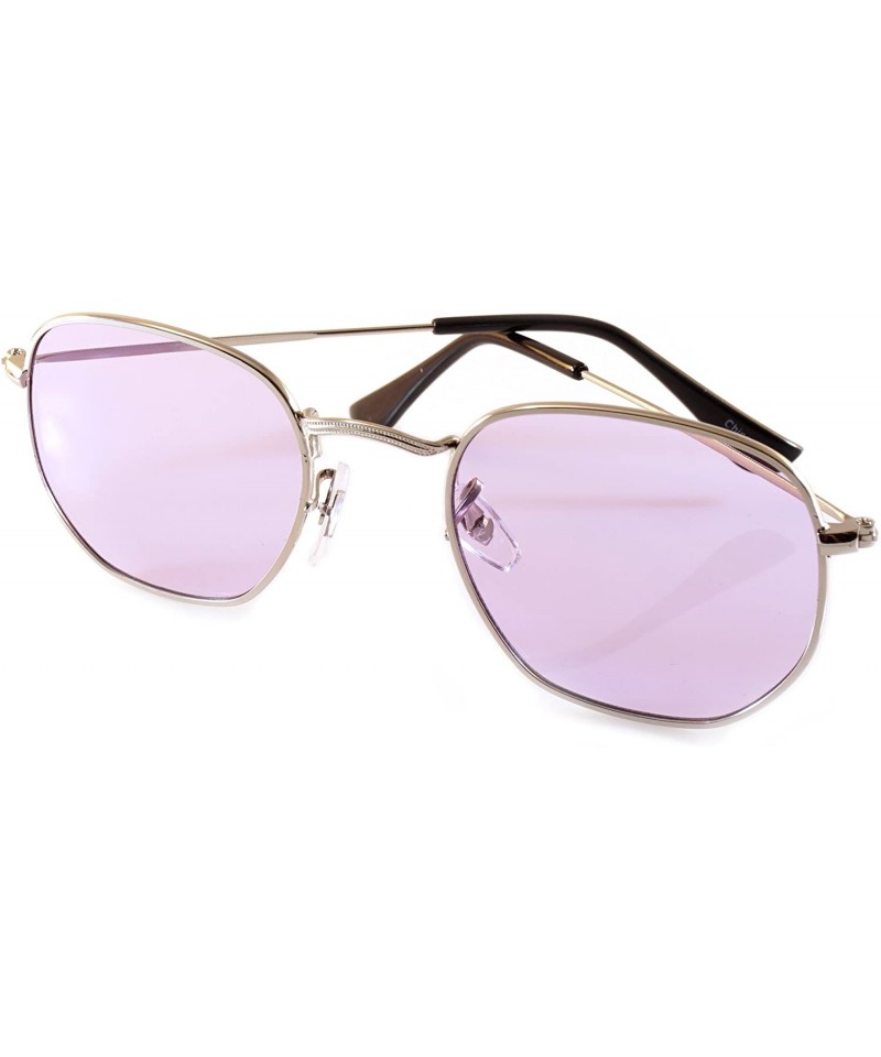 Square Minimalist Hexagonal Metal Frame Color Tinted/Clear Flat Lens Sunglasses A021 - Silver/ Purple - CU186CQIINT $13.34