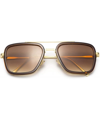 Round Retro Square Hero Sunglasses Aviator Metal Frame Flat Lens for Men Women Goggle - Brown - C718UUTE078 $15.23