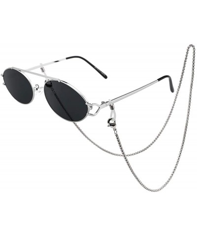Oval Vintage Oval Sunglasses for Women with Eyeglass Chain Metal Frame Tinted Lenses UV400 - CL193Y9HYWN $22.56