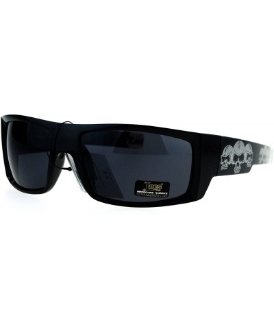 Rectangular Locs Skull Print Rectangular Gangster Cholo Sport All Black Sunglasses - Silver Skull - C412NZGN3GC $12.07