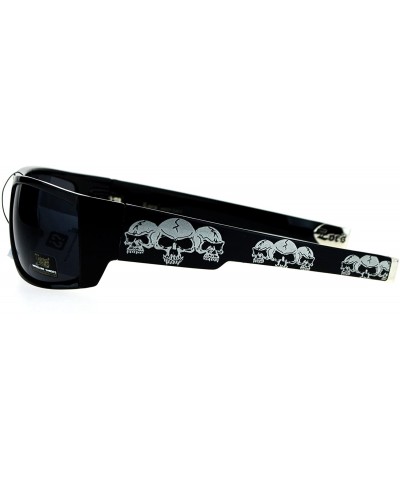 Rectangular Locs Skull Print Rectangular Gangster Cholo Sport All Black Sunglasses - Silver Skull - C412NZGN3GC $12.07