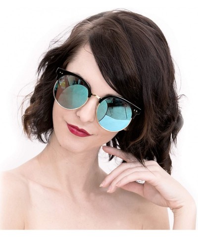 Oversized 97018 XL Premium Oversize Cats eye Mirrored Flat Sunglasses - Black/ Blue - C318OKDHOXS $11.20