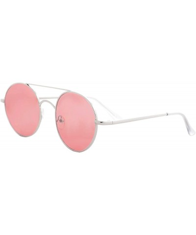 Round Retro Sunglasses Women Round Metal Tinted Lens Classic Vintage Stylish - Silver Metal Frame / Pink Tinted Lens - CI18UK...