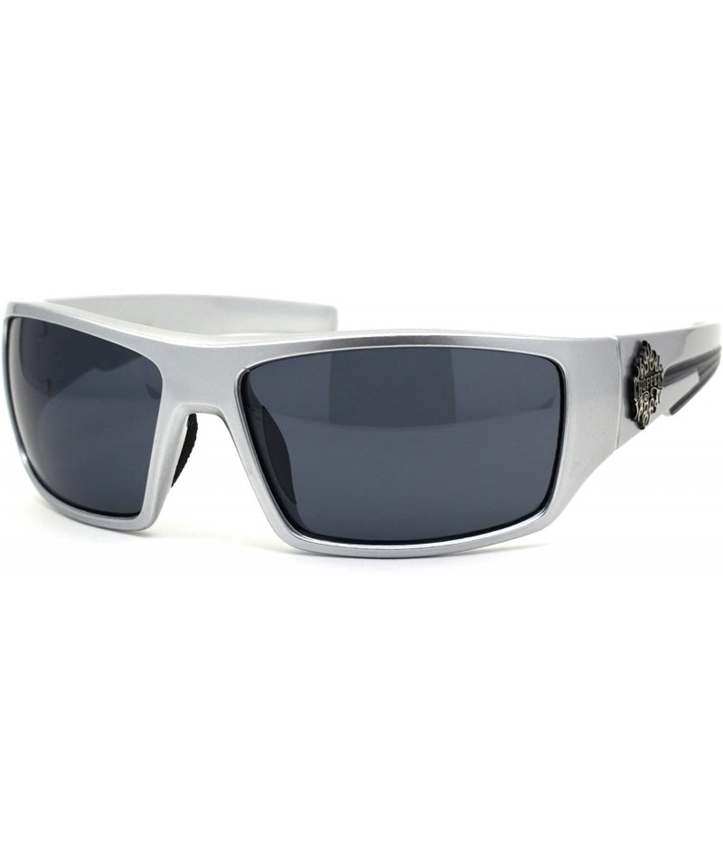 Sport Flame Logo Biker Warp Plastic Rectangular Sunglasses - Silver Black - C5194KQLCOZ $14.68