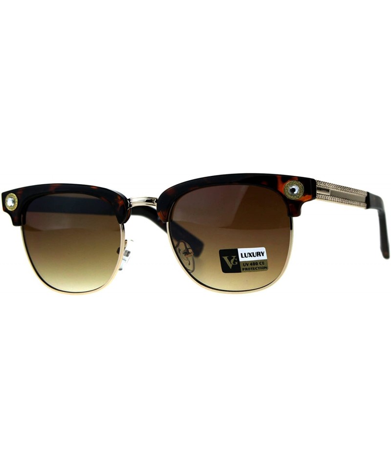 Rectangular Luxury Bling Rhinestone Half Horn Rim Rectangular Sunglasses - Tortoise Brown Smoke - CM18CT464UE $9.80