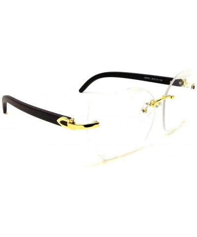 Rectangular Womens Rimless Metal & Faux Wood Sunglasses w/Beveled Lenses - Gold & Dark Brown Wood Frame - C118XK84TDC $14.34