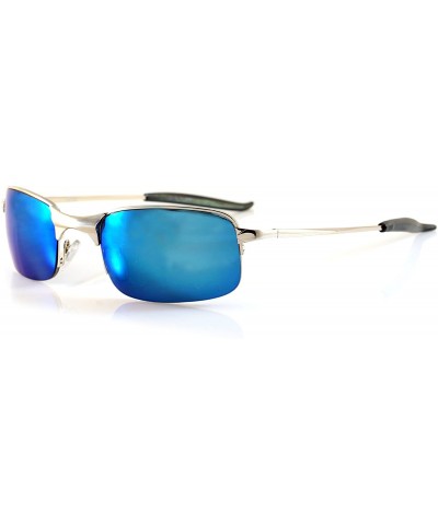 Rectangular Mens Sports Driving Semi-Rimless Rectangular Mirrored Sunglasses Spring Temple A065 - Silver/ Blue Rv - CN189H4DZ...