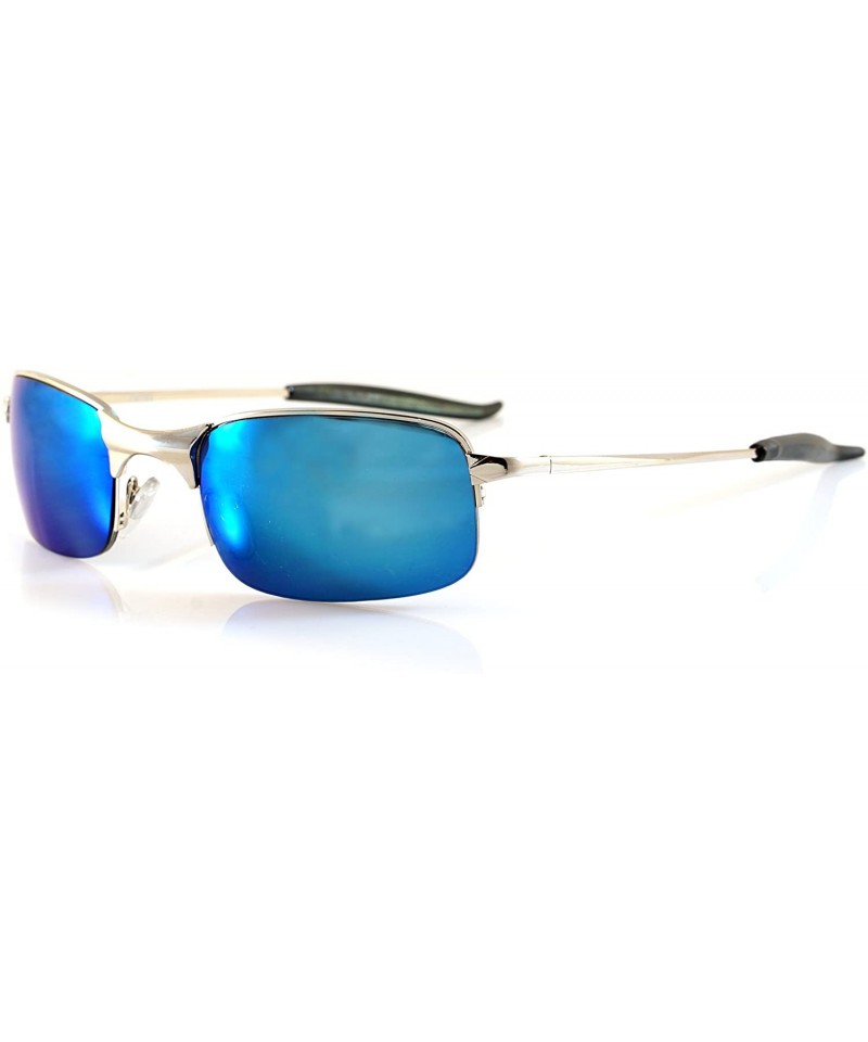 Rectangular Mens Sports Driving Semi-Rimless Rectangular Mirrored Sunglasses Spring Temple A065 - Silver/ Blue Rv - CN189H4DZ...