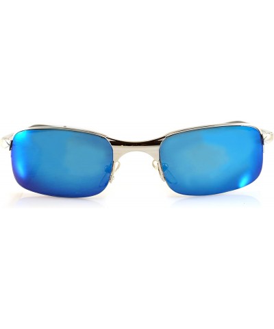 Rectangular Mens Sports Driving Semi-Rimless Rectangular Mirrored Sunglasses Spring Temple A065 - Silver/ Blue Rv - CN189H4DZ...