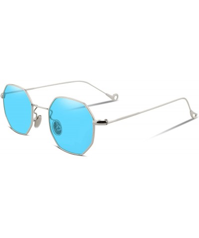 Rectangular Hipster Small Polygon Women Men Sunglasses Delicate Metal Frame B2254 - Silver Framed Blue Lens - CW185EX7ZNS $15.96