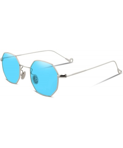 Rectangular Hipster Small Polygon Women Men Sunglasses Delicate Metal Frame B2254 - Silver Framed Blue Lens - CW185EX7ZNS $23.78