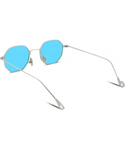 Rectangular Hipster Small Polygon Women Men Sunglasses Delicate Metal Frame B2254 - Silver Framed Blue Lens - CW185EX7ZNS $15.96