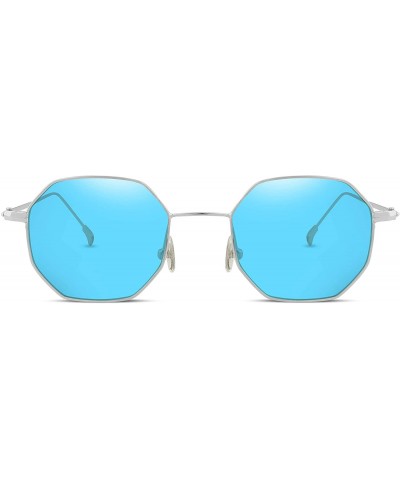 Rectangular Hipster Small Polygon Women Men Sunglasses Delicate Metal Frame B2254 - Silver Framed Blue Lens - CW185EX7ZNS $15.96