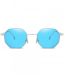 Rectangular Hipster Small Polygon Women Men Sunglasses Delicate Metal Frame B2254 - Silver Framed Blue Lens - CW185EX7ZNS $15.96