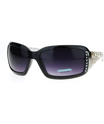 Shield Womens Rectangular Shield Sunglasses Rhinestones Animal Prints - Black Clear - CO11VVMWZA5 $12.03