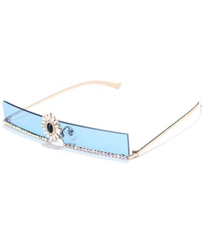 Square Narrow Square Rectangular Hand-Made Diamond Sunshade Mirror Female Marine Color Sunglasses - 4 - CA190OGY7K0 $41.23