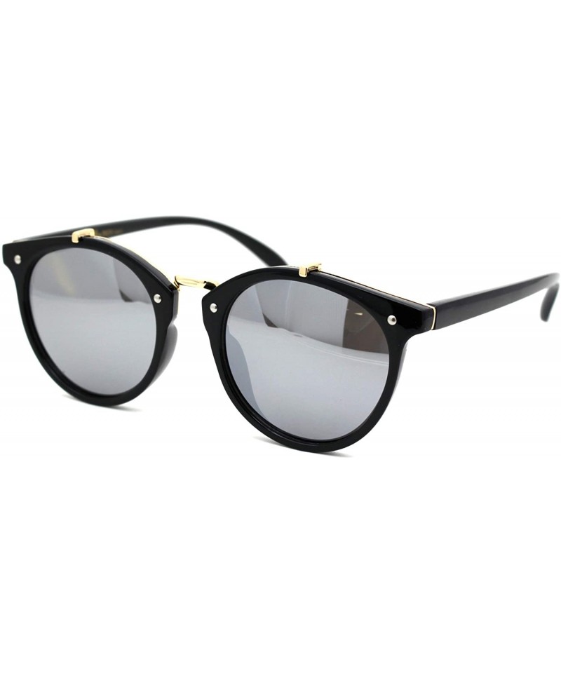 Round Womens Designer Fashion Round Keyhole Horn Rim Plastic Sunglasses - Black Gold Silver Mirror - CF18WT63H9Y $23.86