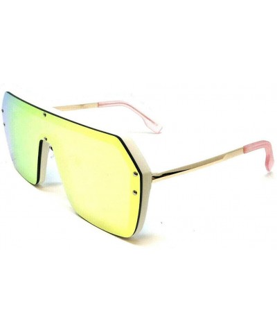 Rectangular Techno Flat Top One Piece Lens Retro Shield Aviator Sunglasses - White- Gold & Pink Frame - CX18WXDLXRZ $13.67