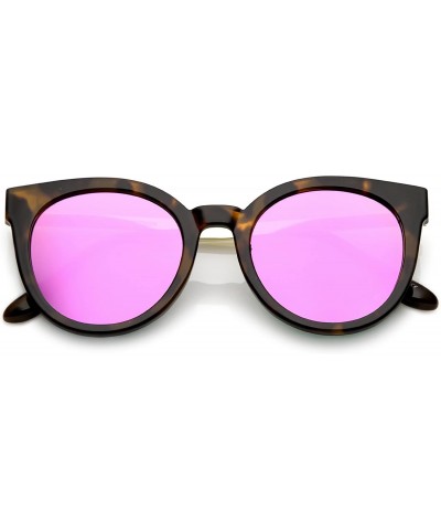 Cat Eye Classic Horn Rimmed Round Color Mirrored Flat Lens Cat Eye Sunglasses 53mm - Tortoise Gold / Magenta Mirror - CI184RA...