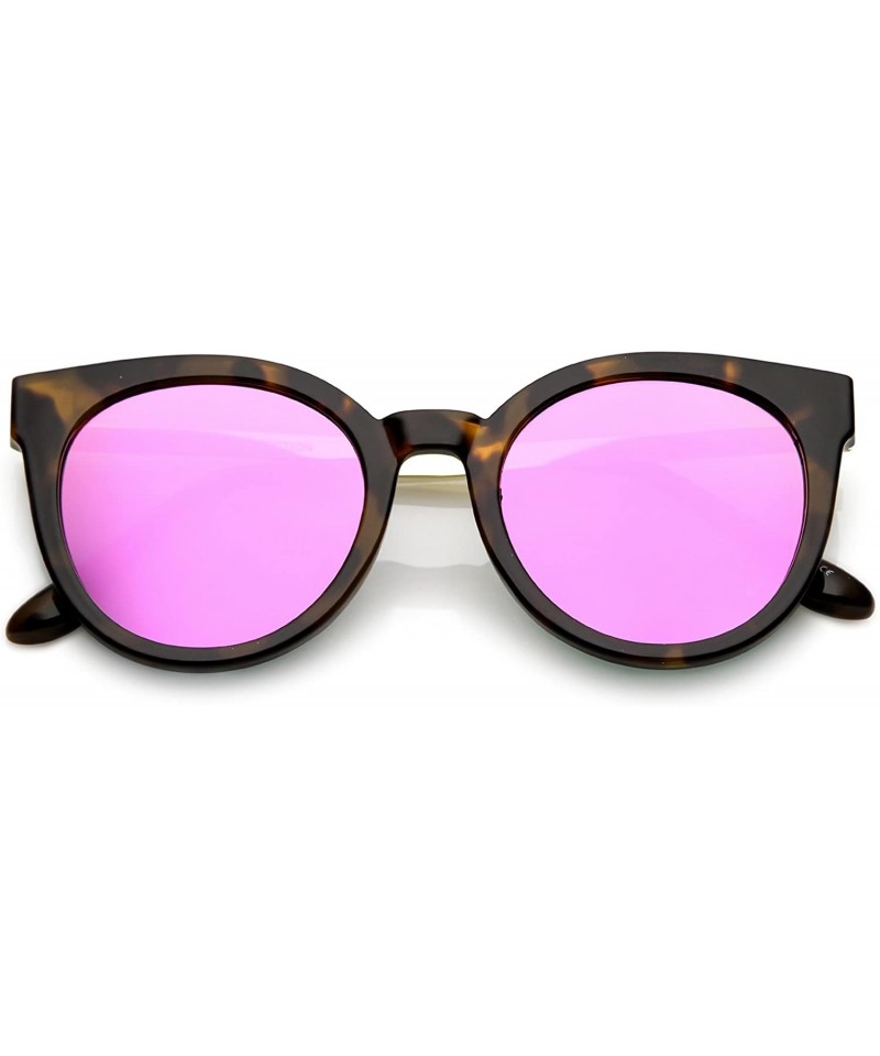 Cat Eye Classic Horn Rimmed Round Color Mirrored Flat Lens Cat Eye Sunglasses 53mm - Tortoise Gold / Magenta Mirror - CI184RA...