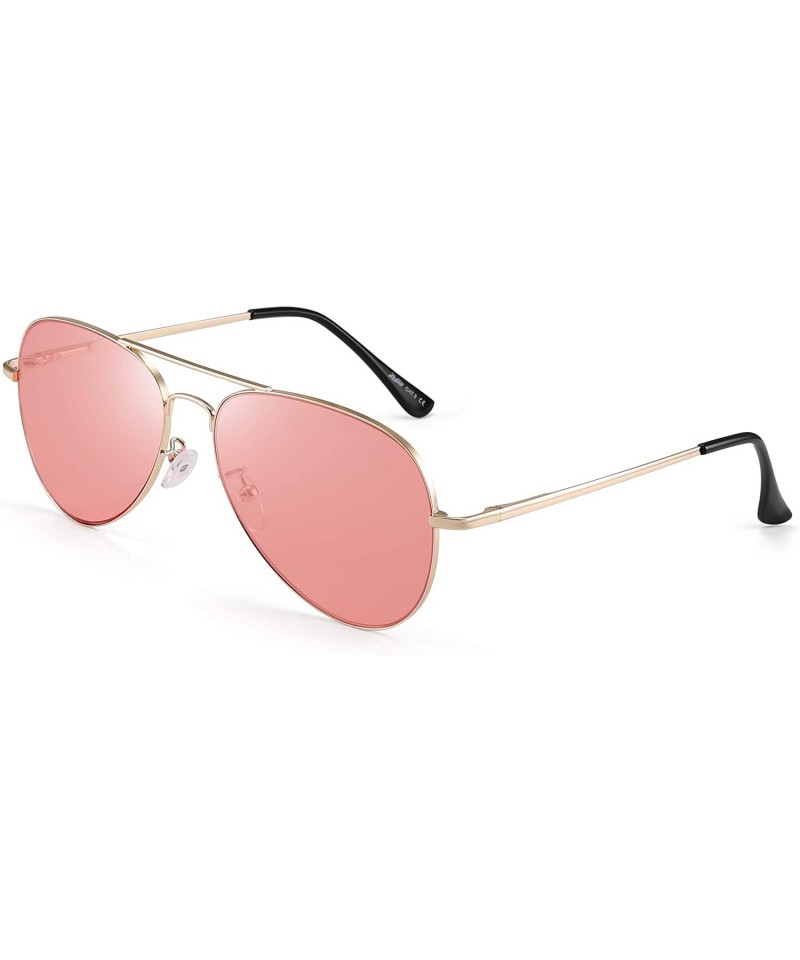 Aviator Aviator Sunglasses for Men Women Flat Lens Metal Frame with Spring Hinges UV400 Protection - Gold/Tinted Pink - CH18A...