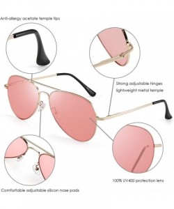 Aviator Aviator Sunglasses for Men Women Flat Lens Metal Frame with Spring Hinges UV400 Protection - Gold/Tinted Pink - CH18A...