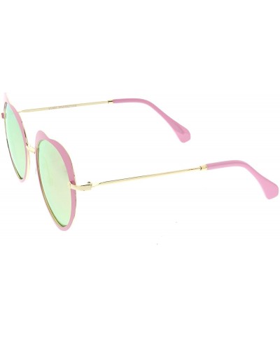 Oversized Women's Unique Thin Metal Arms Round Color Mirrored Lens Heart Sunglasses 54mm - Gold Pink / Pink Mirror - CP1865WO...