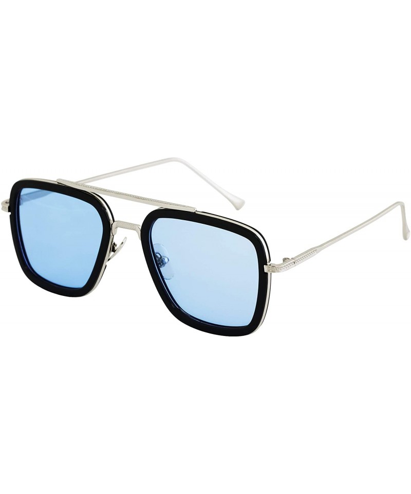 Square Retro Aviator Sunglasses Square Metal Frame for Men Women Spider Man Sunglasses - Silver / Blue Lens - C118WX4WN29 $11.22