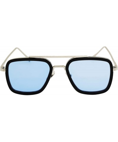 Square Retro Aviator Sunglasses Square Metal Frame for Men Women Spider Man Sunglasses - Silver / Blue Lens - C118WX4WN29 $11.22