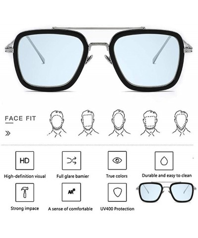 Square Retro Aviator Sunglasses Square Metal Frame for Men Women Spider Man Sunglasses - Silver / Blue Lens - C118WX4WN29 $11.22