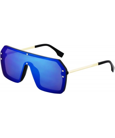 Oversized Retro Oversized Shield Sunglasses Rimless Flat Top Mirror Glasses Women Men - Blue Mirror - CF18XKD2CMX $8.93