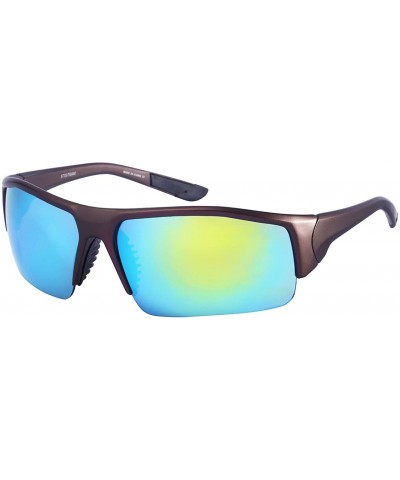 Sport Men's Half Frame Sports Sunglasses W/Color Mirrored Lens 570076AM-REV - Matte Brown - CR126ZN1DFN $23.19